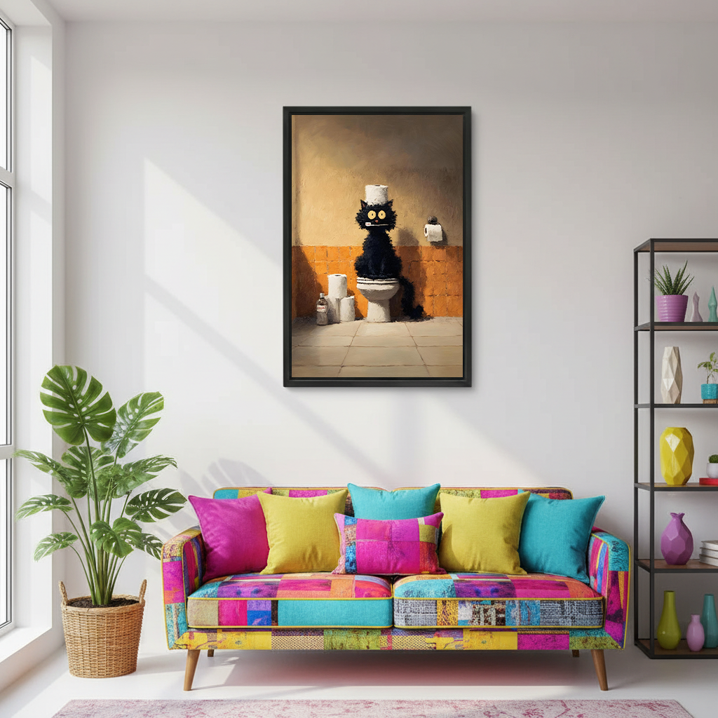 Whimsical black cat toilet framed art print above colorful patchwork sofa in eclectic living room