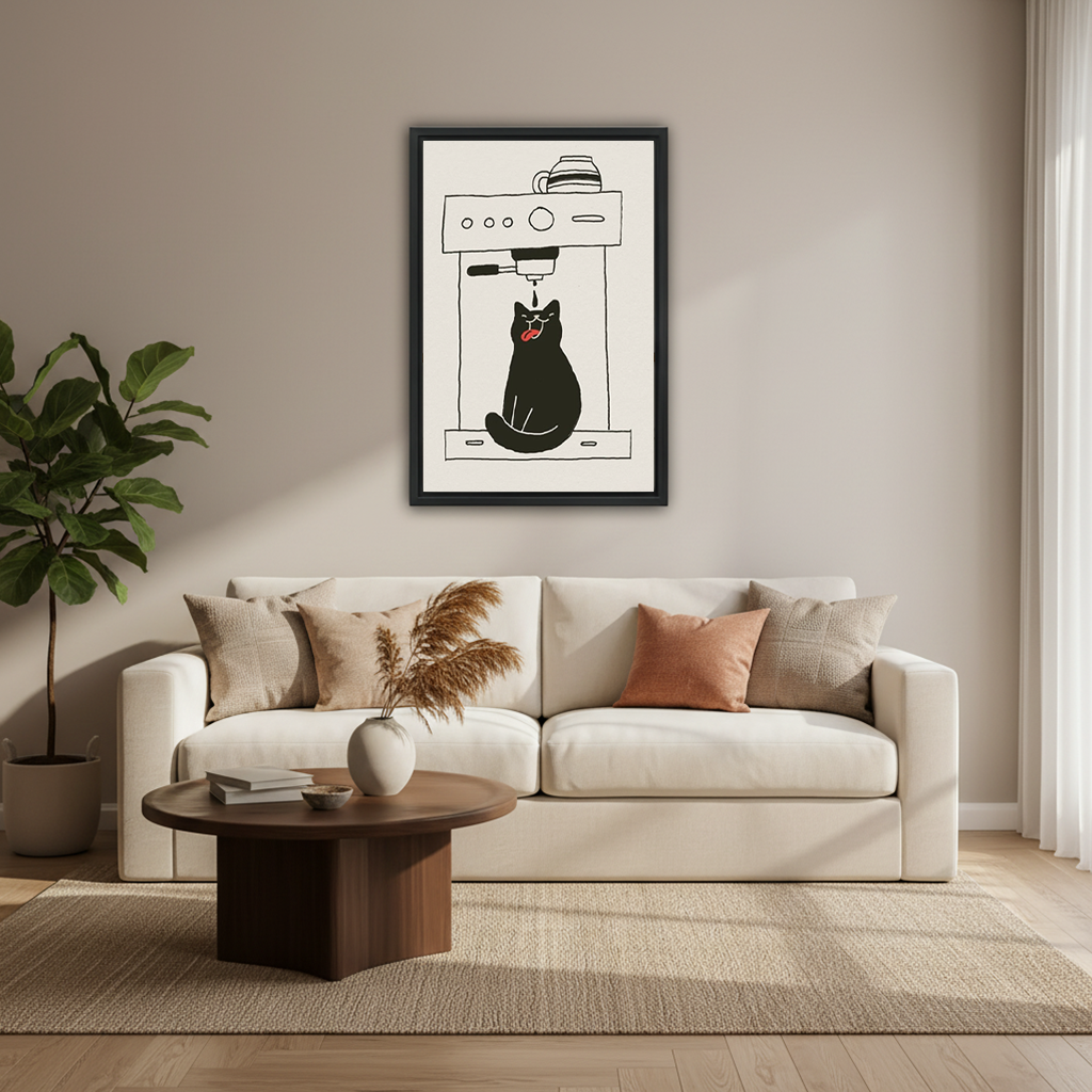 Funny black cat sitting under espresso machine with tongue out catching coffee drip minimalist line art illustration framed wall art hung on warm grey wall above cream sofa with terracotta and linen cushions round walnut coffee table white ceramic vase pampas grass and fiddle leaf fig plant in modern living room