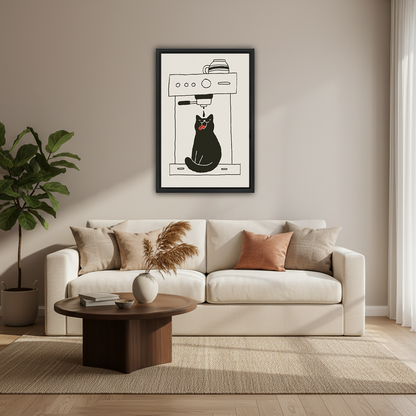 Funny black cat sitting under espresso machine with tongue out catching coffee drip minimalist line art illustration framed wall art hung on warm grey wall above cream sofa with terracotta and linen cushions round walnut coffee table white ceramic vase pampas grass and fiddle leaf fig plant in modern living room