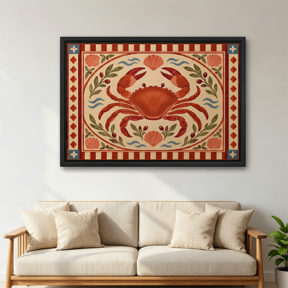 Folk art red crab canvas wall art in a black frame above a bed with white bedding.