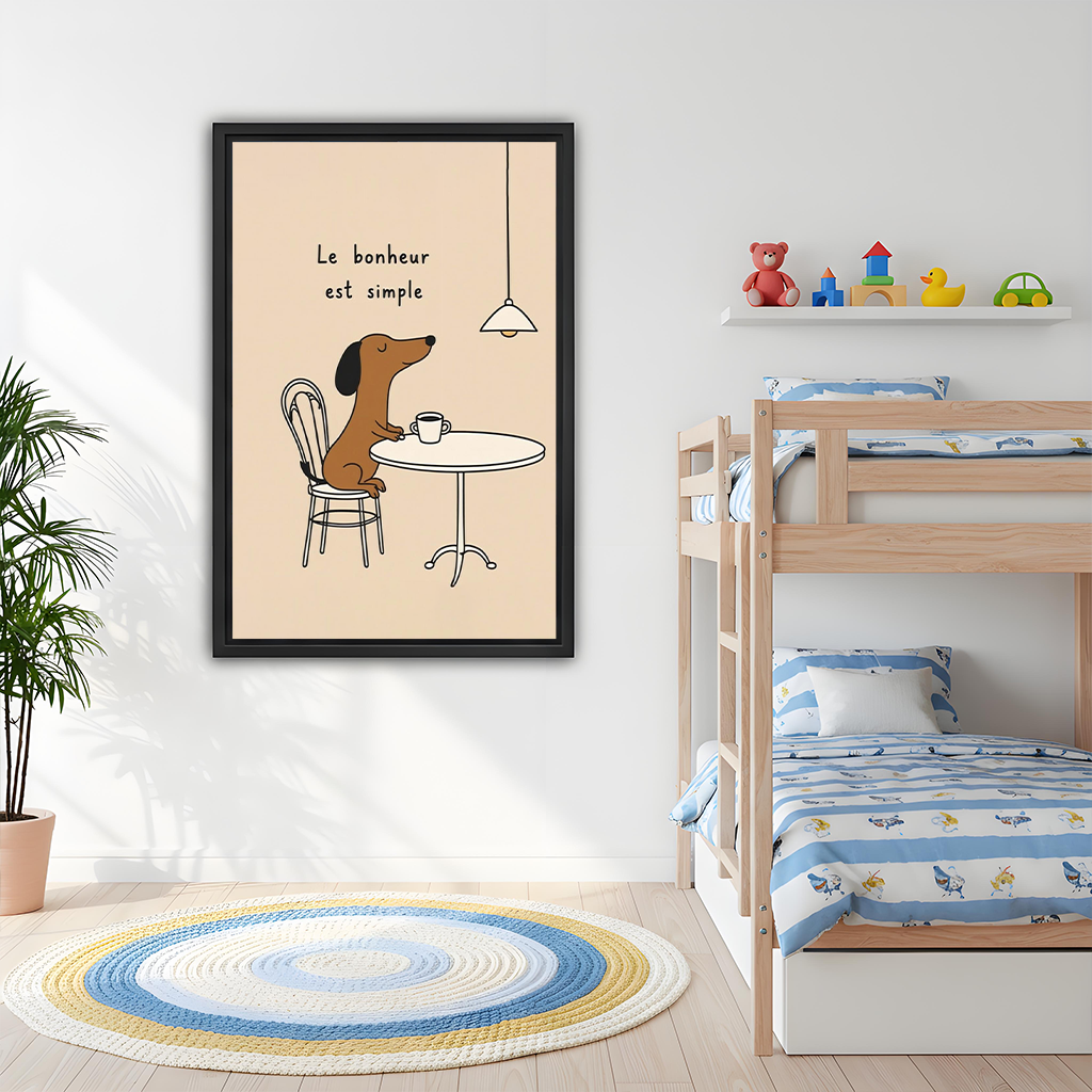 Black framed French cafe dachshund canvas wall art on a white dining room wall beside a tall green plant