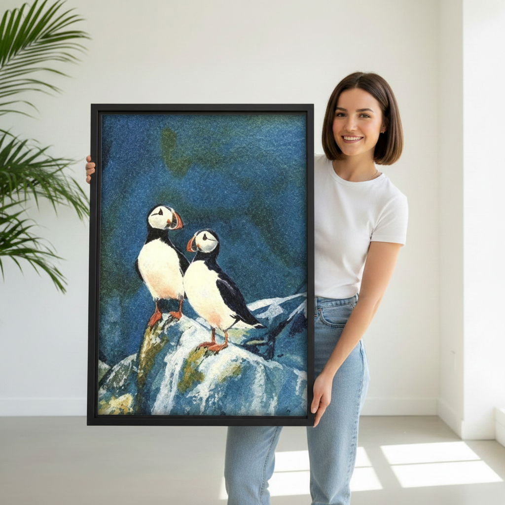 Woman holding large black framed Atlantic puffins oil painting canvas print showing full artwork detail and size