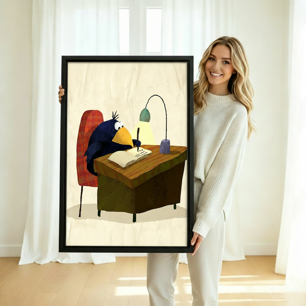 Woman holding whimsical crow writer framed canvas wall art print – unique gift idea