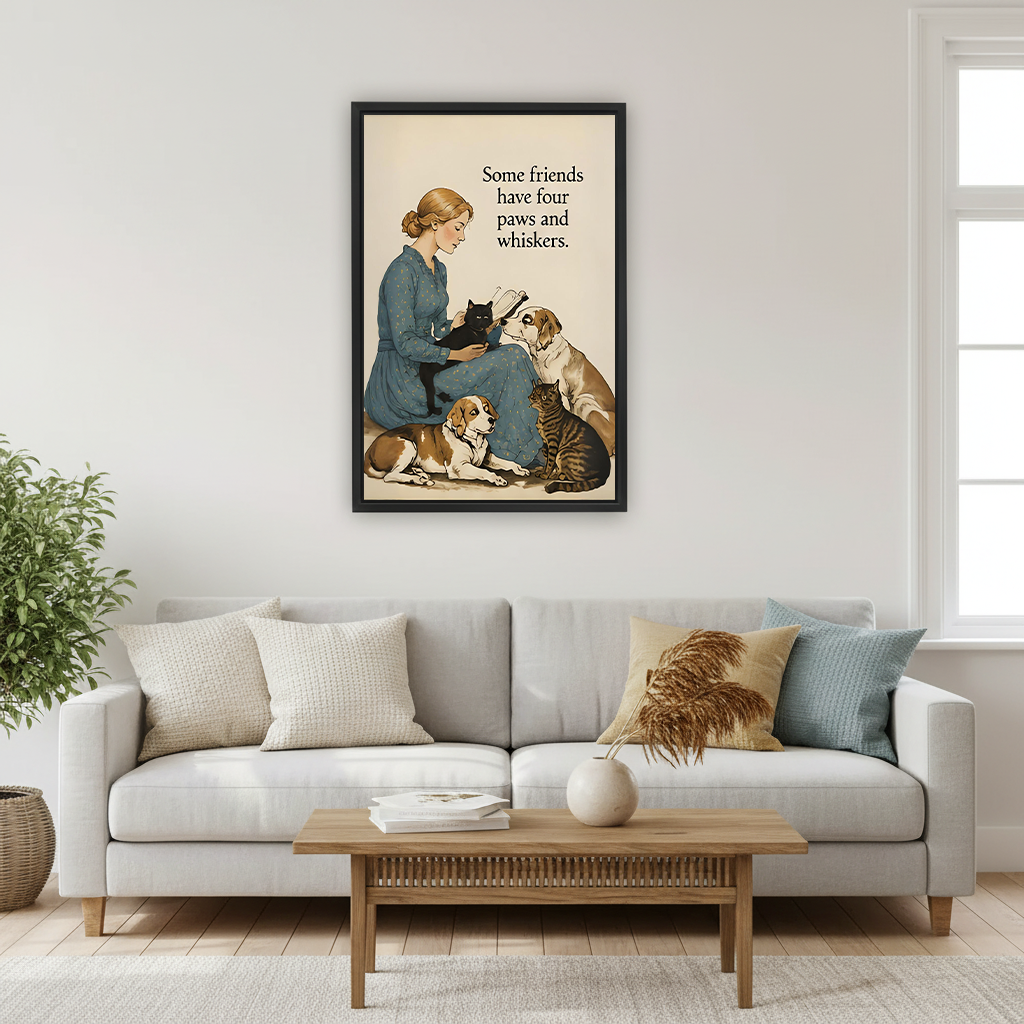 Woman in blue floral dress sitting on floor holding black cat surrounded by beagle dog tabby cat and golden retriever vintage watercolor illustration with some friends four paws whiskers quote framed wall art hung on white wall above light grey sofa with wooden coffee table white ceramic vase and pampas grass in Scandinavian living room