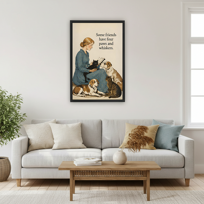 Woman in blue floral dress sitting on floor holding black cat surrounded by beagle dog tabby cat and golden retriever vintage watercolor illustration with some friends four paws whiskers quote framed wall art hung on white wall above light grey sofa with wooden coffee table white ceramic vase and pampas grass in Scandinavian living room