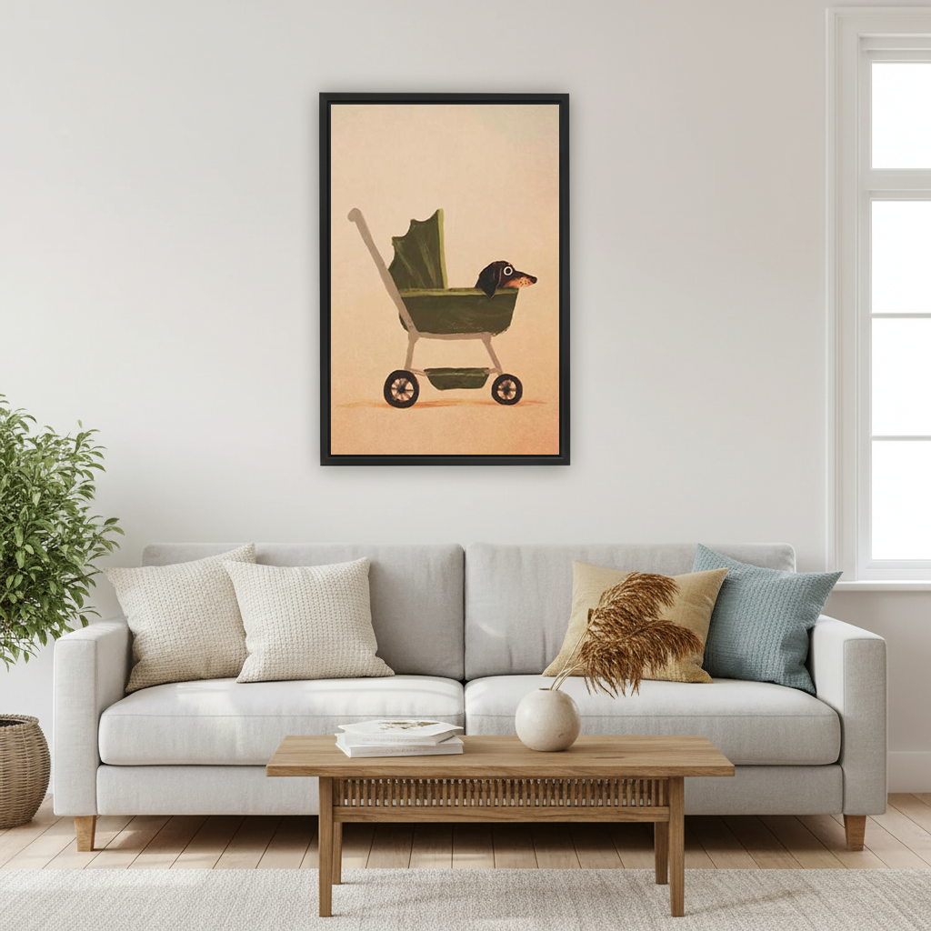 Dachshund in stroller vintage oil painting framed wall art hung above grey sofa with decorative cushions in Scandinavian living room