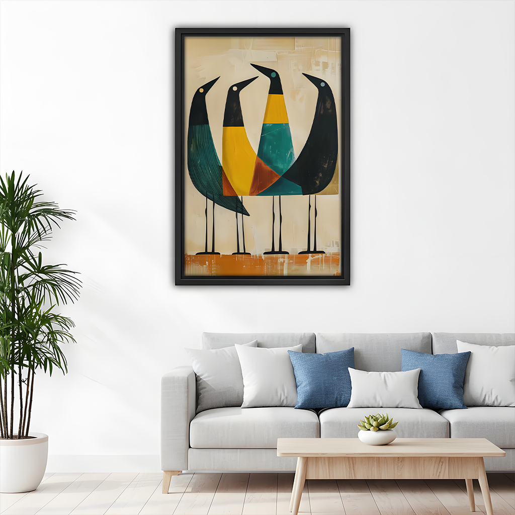 Mid-Century Modern Geometric Birds Quartet Framed Wall Art Print Above Sofa Living Room