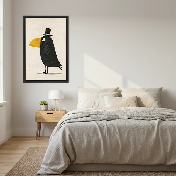 Whimsical dapper toucan top hat framed wall art print in black frame above a linen bed in a Scandinavian minimalist bedroom