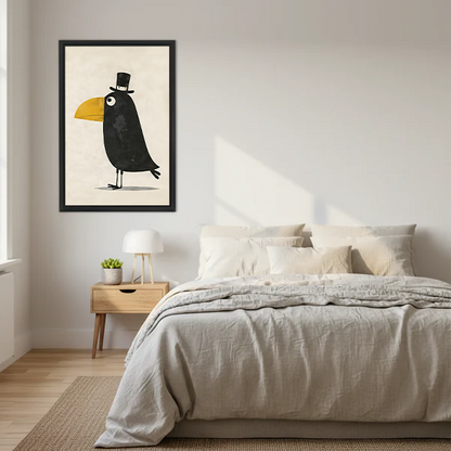 Whimsical dapper toucan top hat framed wall art print in black frame above a linen bed in a Scandinavian minimalist bedroom