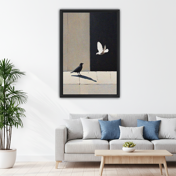 Crow and dove minimalist oil painting framed canvas art above living room sofa

