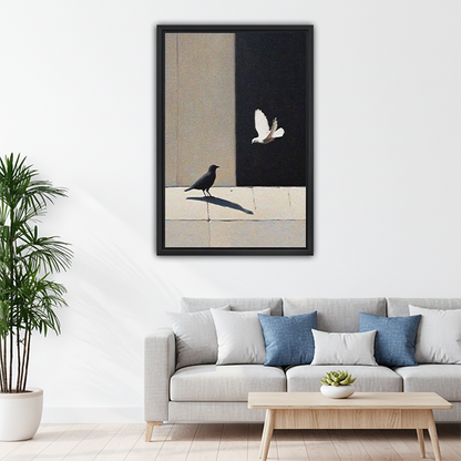 Crow and dove minimalist oil painting framed canvas art above living room sofa

