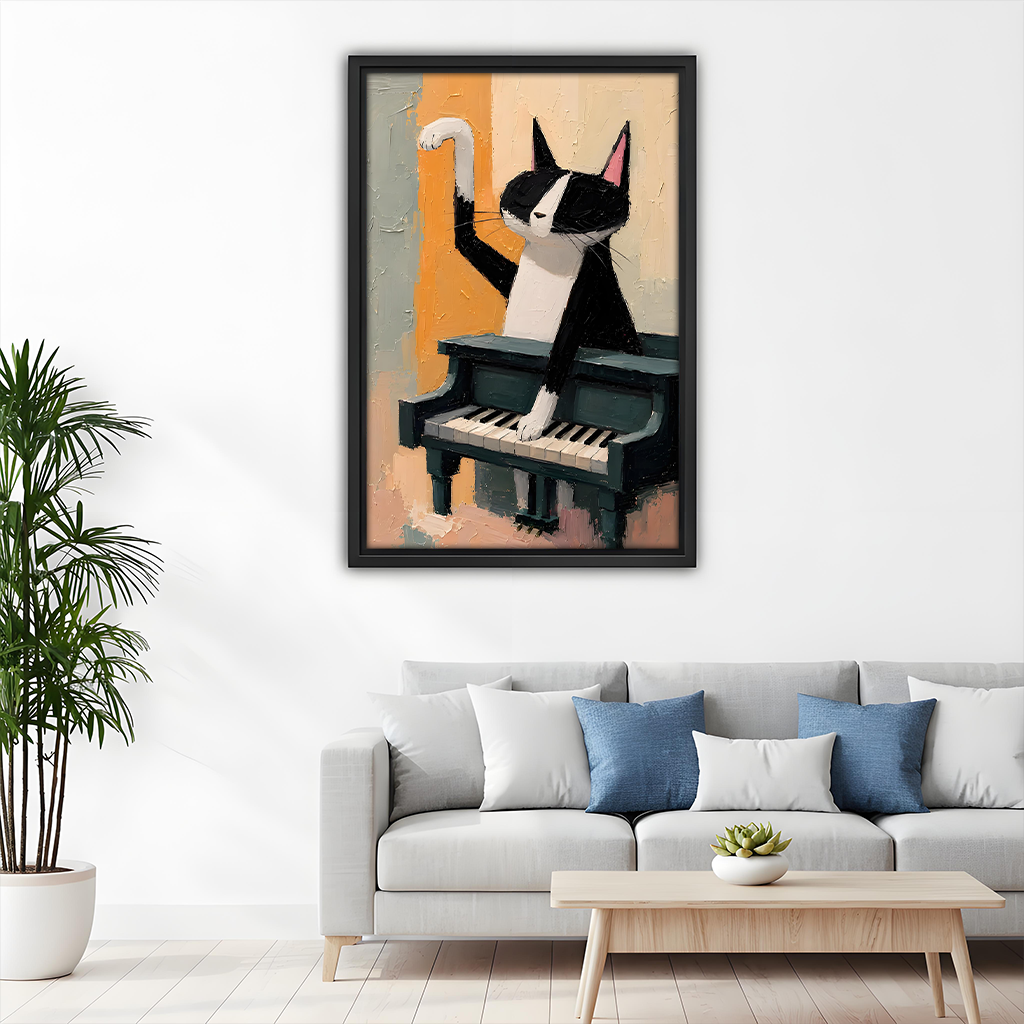 Tuxedo Cat Playing Grand Piano Oil Painting Framed Art Print Above Sofa Living Room