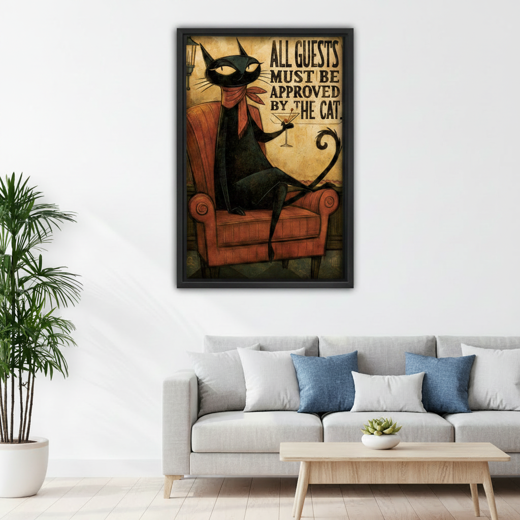 Gothic black cat martini quote framed canvas art above sofa in modern living room home decor