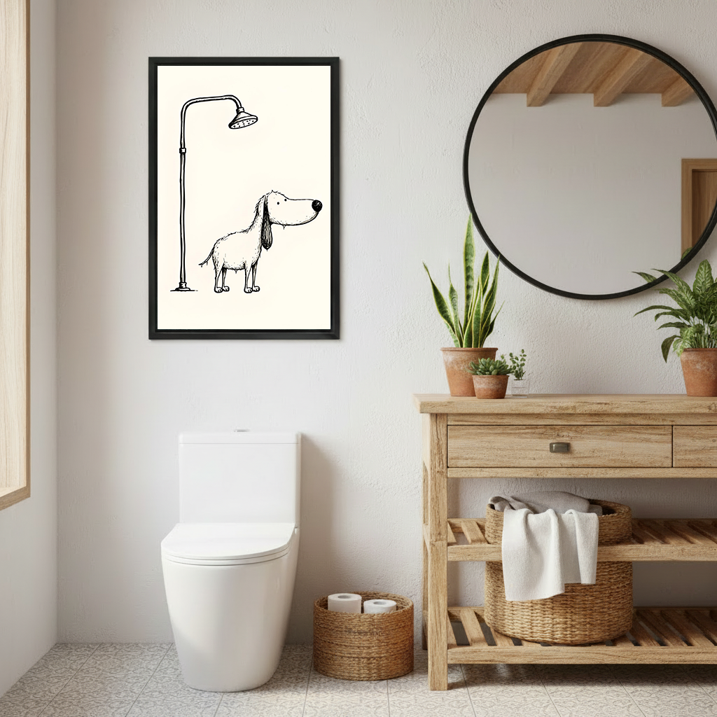Gallery-wrap dog shower canvas wall art featuring a floppy-eared dog beneath a showerhead in a marble bathroom.