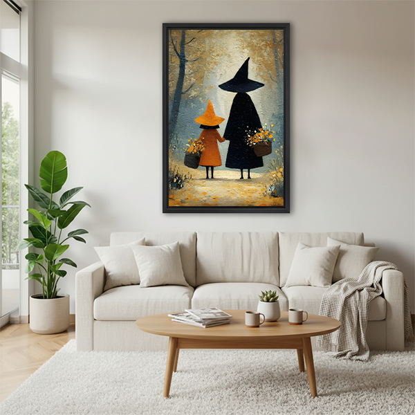 Framed two witches in forest canvas wall art displayed between indoor plants and wooden tables.