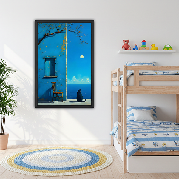 Black cat moonlit sea blue wall framed canvas wall art in kids bedroom, atmospheric Mediterranean oil painting for children's room decor