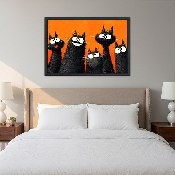 Five fluffy black cats with big white eyes and funny expressions on bold orange background pop art oil painting style framed wall art hung on beige wall above white linen bed with wooden nightstands and white globe lamps in cozy bedroom