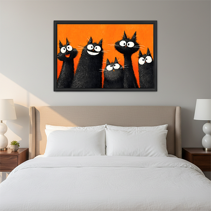 Five fluffy black cats with big white eyes and funny expressions on bold orange background pop art oil painting style framed wall art hung on beige wall above white linen bed with wooden nightstands and white globe lamps in cozy bedroom