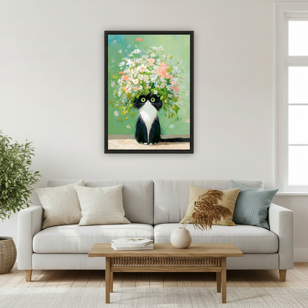 Tuxedo cat giant daisy cosmos flower bouquet head wall art print in black frame above light grey sofa with rattan coffee table and pampas grass vase in Scandinavian living room