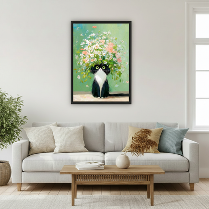 Tuxedo cat giant daisy cosmos flower bouquet head wall art print in black frame above light grey sofa with rattan coffee table and pampas grass vase in Scandinavian living room