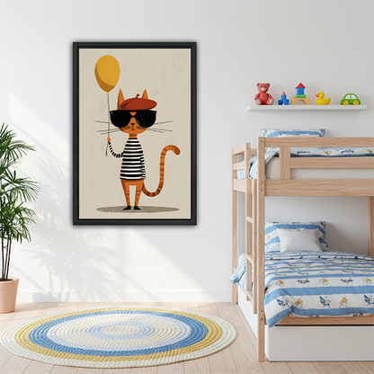 Funny cat sunglasses beret yellow balloon minimalist illustration framed canvas art in black frame on white wall beside bunk bed with colorful round rug in kids bedroom