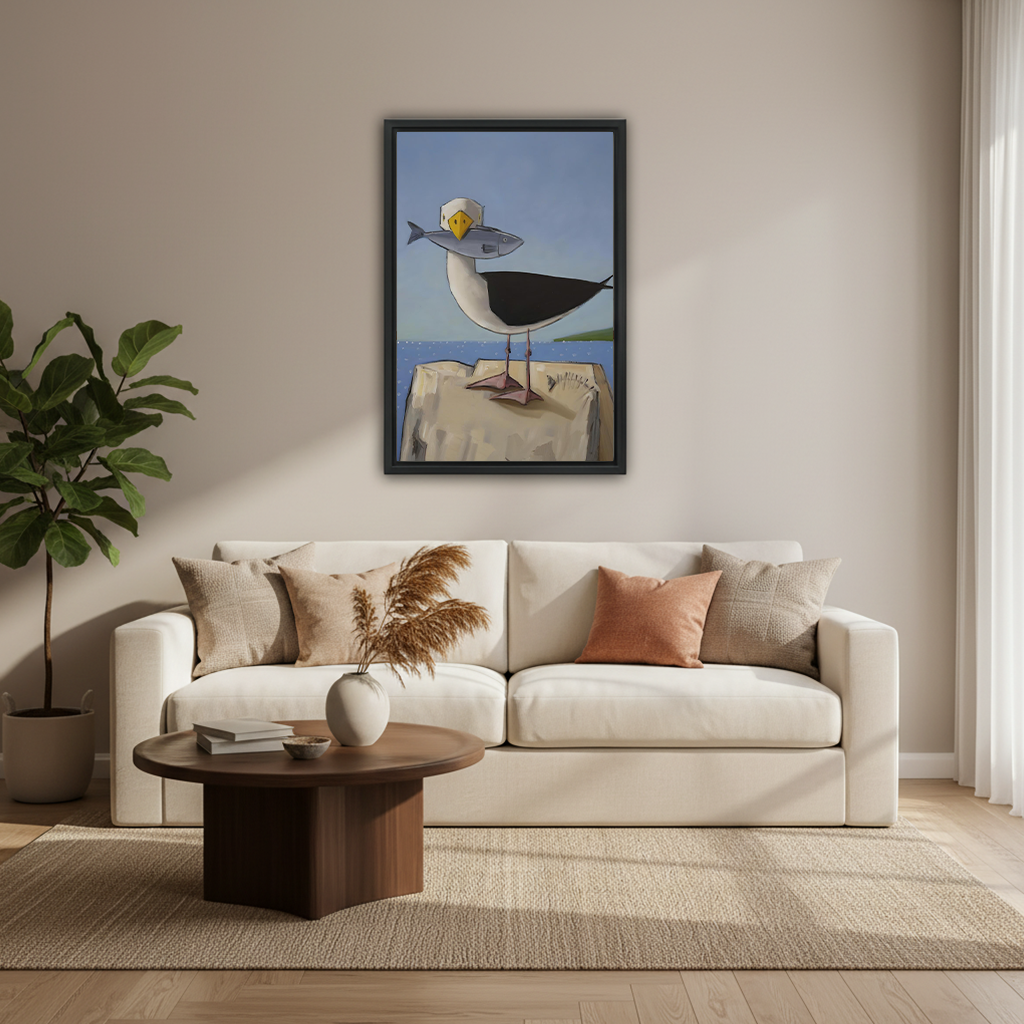 Seagull fish hat coastal framed canvas print above sofa - funny bird wall art for living room