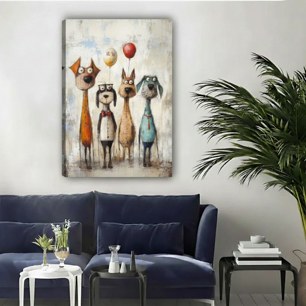 Whimsical Dog Gang Colorful Cartoon Wall Art Print l2023
