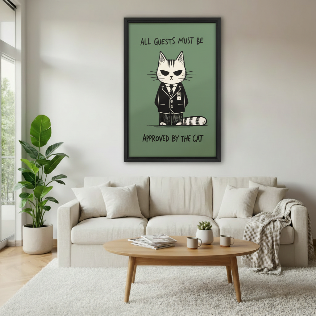 Stern cat in black suit tie all guests approved by the cat funny sage green wall art print in black frame above cream sofa with oval oak coffee table and succulent plant in Scandinavian living room