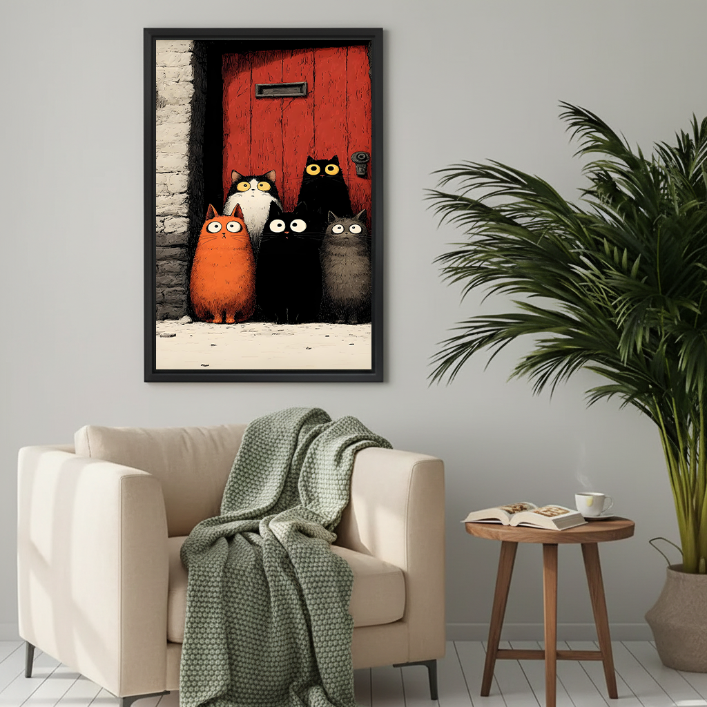 Five wide-eyed cartoon cats orange black-white small black large black and grey huddled in front of red wooden door with brick wall gothic illustration framed wall art hung on grey wall above cream armchair with green knit throw and round wooden side table