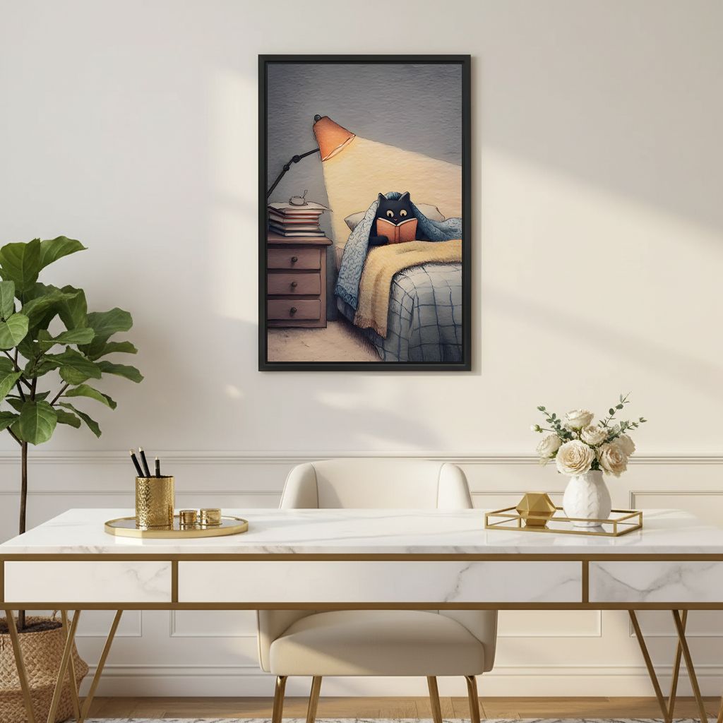 Black cat reading book under blanket by orange lamp cozy illustration framed wall art hung on white wall above marble desk with gold accessories and white rose vase in elegant home office