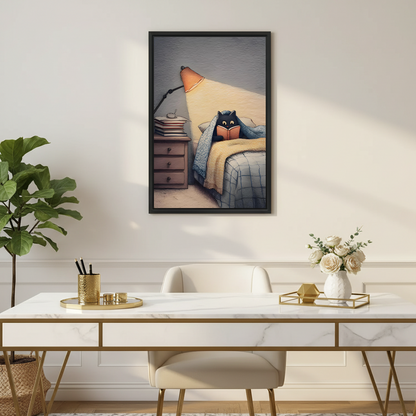 Black cat reading book under blanket by orange lamp cozy illustration framed wall art hung on white wall above marble desk with gold accessories and white rose vase in elegant home office