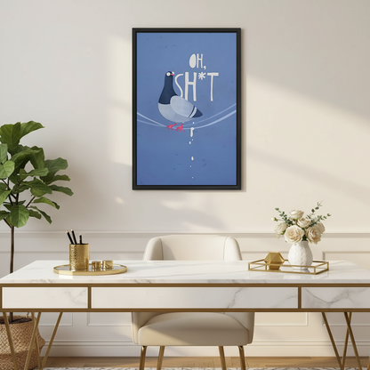 Funny pigeon quote framed wall art above neutral linen sofa in bright Scandinavian living room