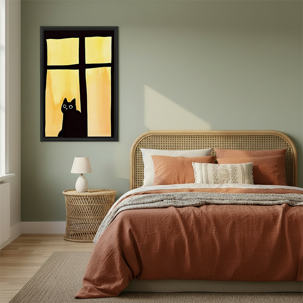 Black cat window silhouette minimalist framed canvas wall art in sage green bedroom – moody amber glow cat print beside rattan headboard

