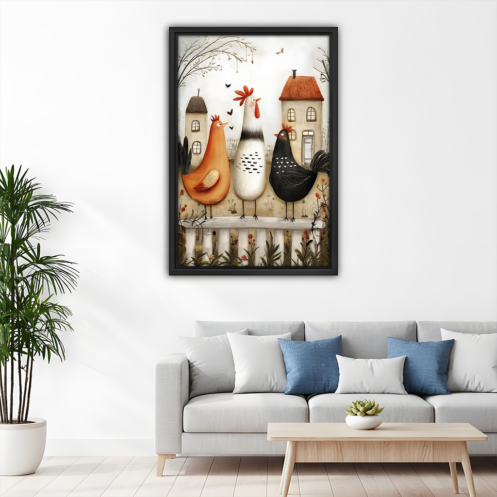 Rustic hen and rooster framed canvas wall art displayed above a sofa in a cozy living room