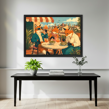 Black-framed foxes dining on a terrace canvas wall art above a wooden console with decorative vases.
