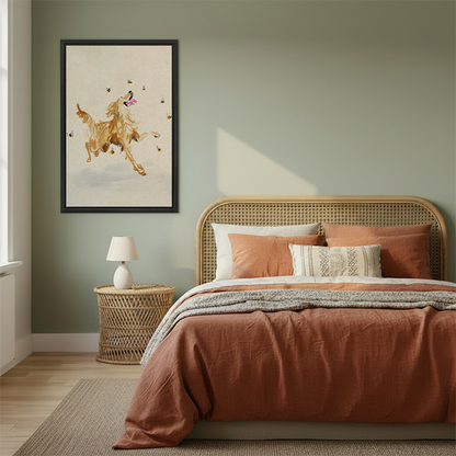 Whimsical golden retriever with bees watercolor framed canvas wall art hanging in cozy boho bedroom above rattan bed with terracotta bedding and rattan nightstand