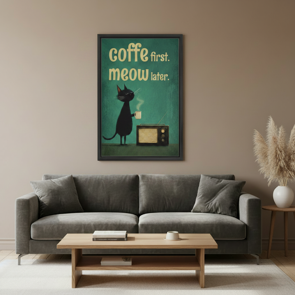 Humorous black cat coffee first meow later retro radio teal background vintage wall art print in black frame above grey velvet sofa with oak coffee table and pampas grass vase in modern living room