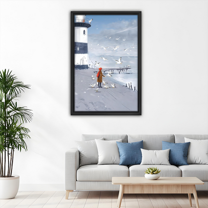 Winter Lighthouse Girl Seagulls Oil Painting Framed Art Print Above Sofa Living Room