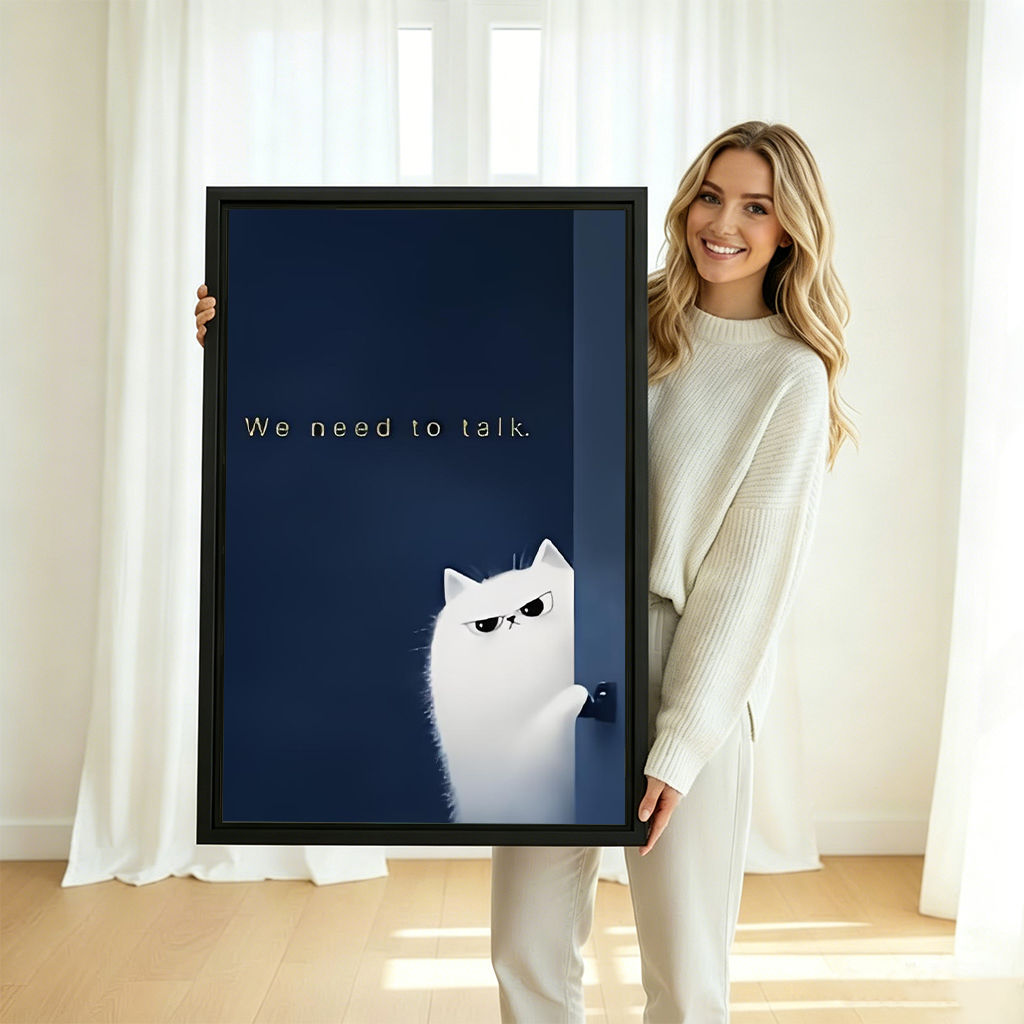 Smiling woman holding funny white cat "We need to talk" framed canvas wall art print