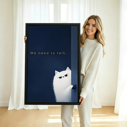 Smiling woman holding funny white cat "We need to talk" framed canvas wall art print