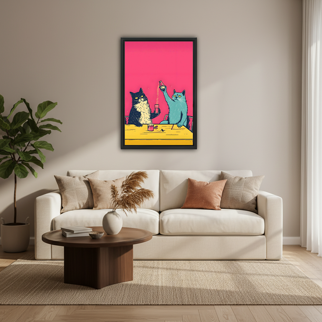 Vibrant pop art cats party canvas art in black frame above cream sofa with fiddle leaf fig plant in modern living room