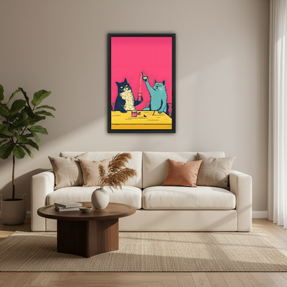 Vibrant pop art cats party canvas art in black frame above cream sofa with fiddle leaf fig plant in modern living room