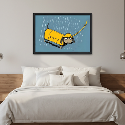 Funny Dachshund Yellow Raincoat Framed Art Print Bedroom Wall Decor above Bed