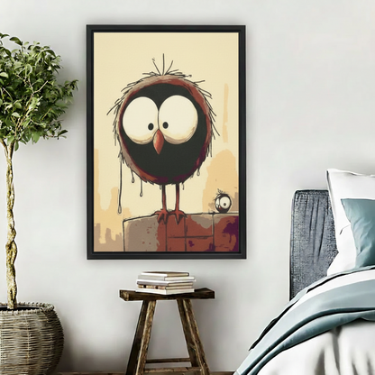 Whimsical cartoon bird wall art framed canvas – quirky big-eyed bird print for bedroom decor