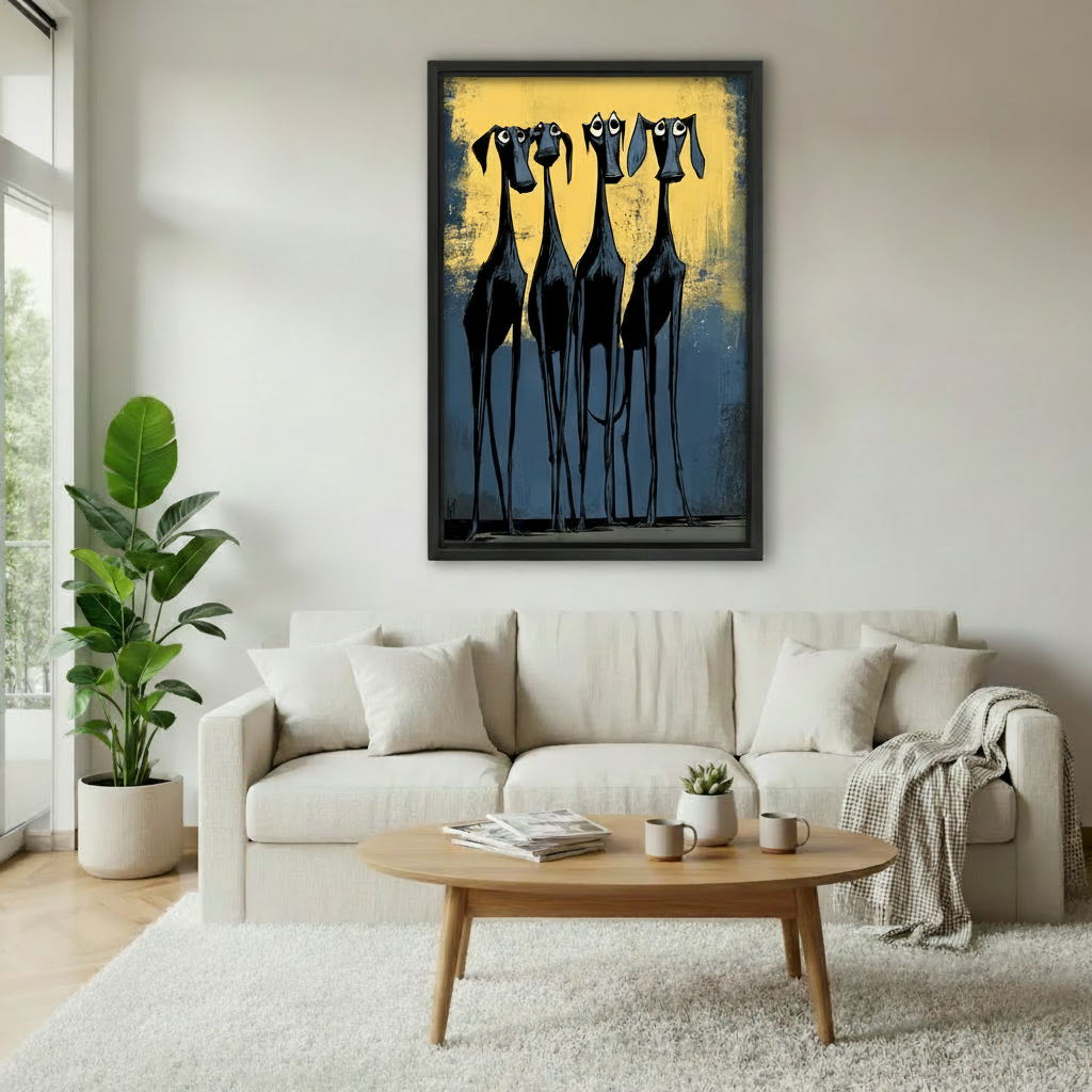 Whimsical greyhound group painting in black frame above sofa, funny dog wall art print for modern living room