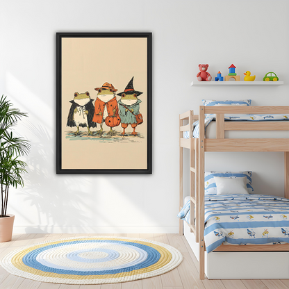 Unframed Halloween frogs canvas wall art on a cream background above a dining table beside arched shelves.