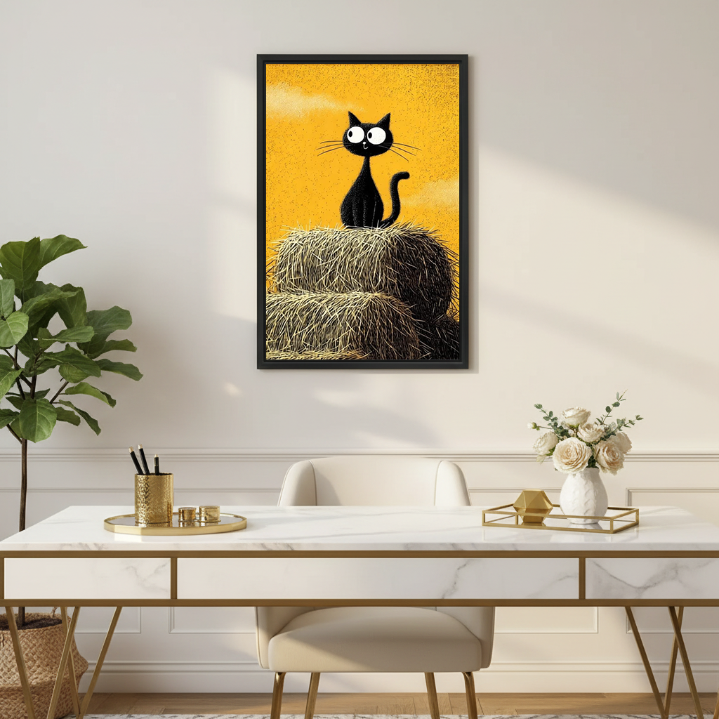 Black framed cartoon black cat on haystack wall art above modern home office desk
