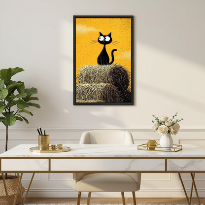 Black framed cartoon black cat on haystack wall art above modern home office desk