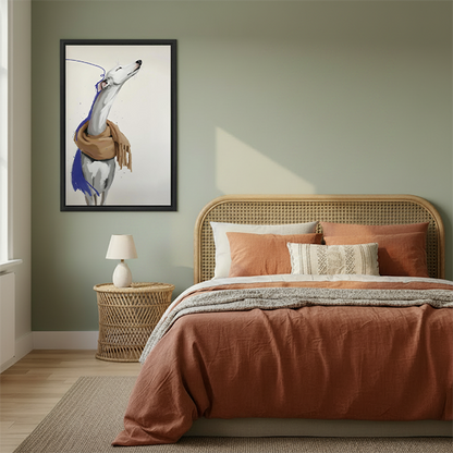 Elegant greyhound scarf watercolor modern framed canvas wall art in sage green bedroom – chic dog portrait print beside rattan headboard
