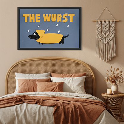 The Wurst black dachshund in yellow raincoat framed art print above rattan bed in boho bedroom